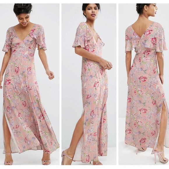ASOS Peach Pretty Floral Print Ruffle Sleeve Maxi Dress Pink - 22253 - Picture 1 of 13